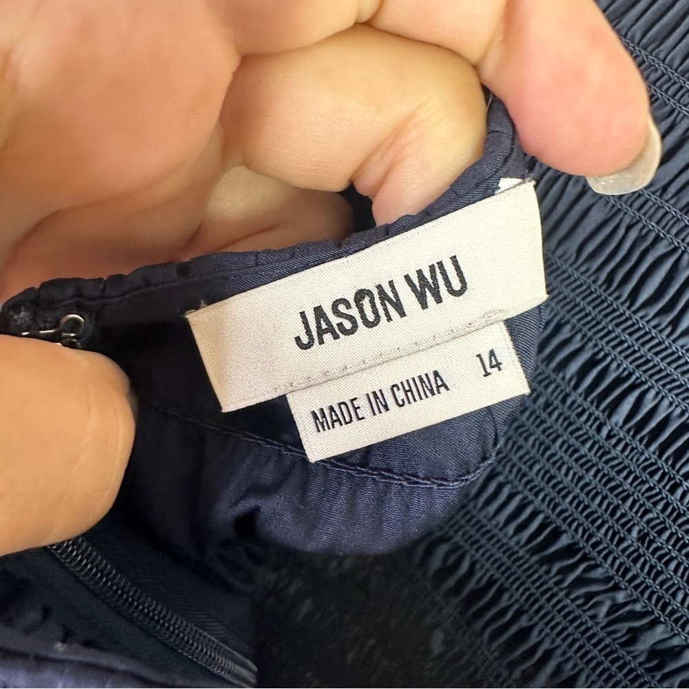 Jason Wu Smocked Drop Waist Midi Dress Navy Blue sz 14 - Picture 10 of 11